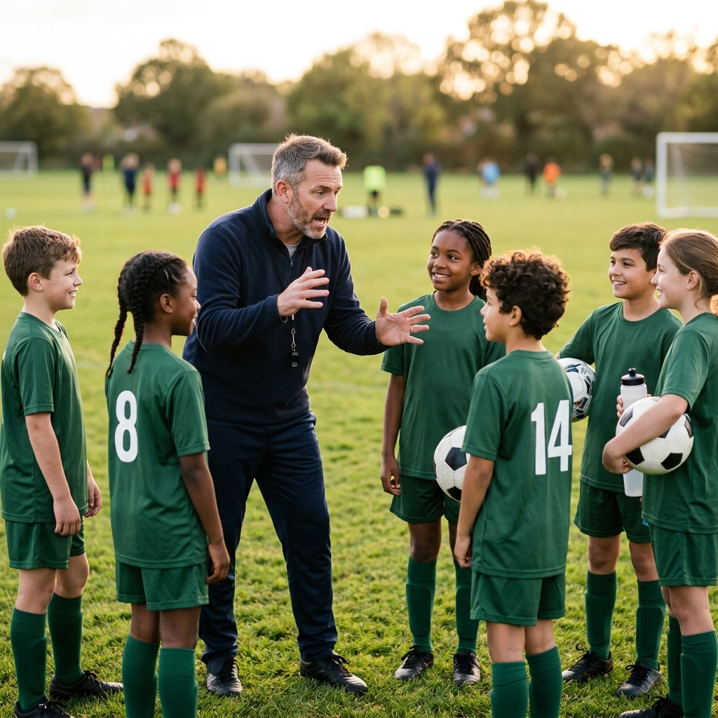 Treinador orientando jovens atletas em um campo de futebol