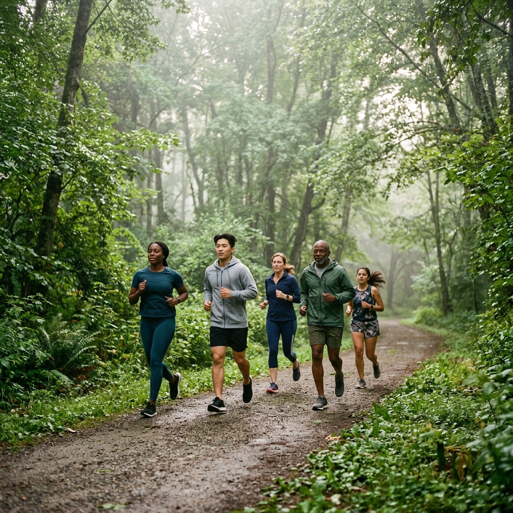 Grupo de corrida em trilha ao amanhecer